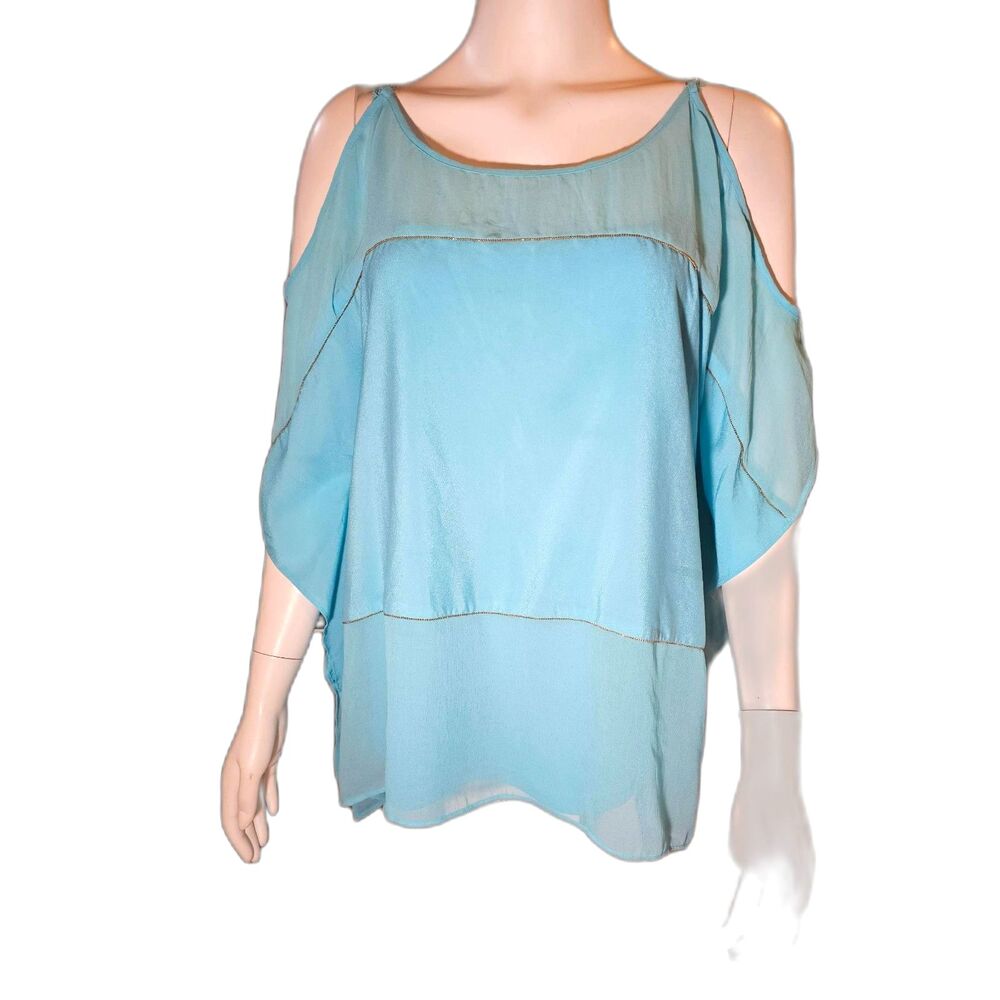 Jennifer Lopez Blouse XL Aqua Blue Cold Shoulder Chain Strap Layered Top